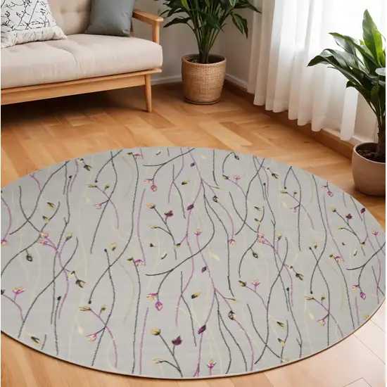 8' Gray and Pink Round Floral Power Loom Area Rug Photo 1