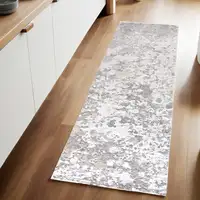 Photo of 8' Gray and Silver Abstract Power Loom Runner Rug