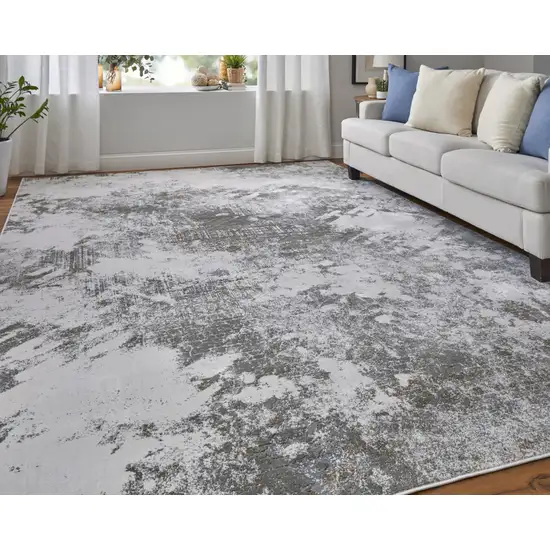 8' Gray and Silver Abstract Power Loom Worn Faded Runner Rug Photo 5