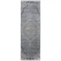 Photo of 8' Gray and Silver Abstract Power Loom Worn Faded Runner Rug