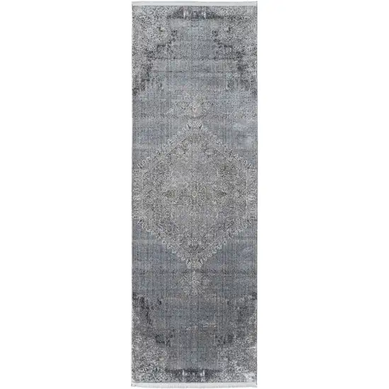 8' Gray and Silver Abstract Power Loom Worn Faded Runner Rug Photo 1