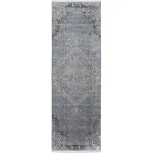 Photo of 8' Gray and Silver Abstract Power Loom Worn Faded Runner Rug