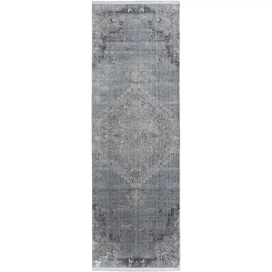 8' Gray and Silver Abstract Power Loom Worn Faded Runner Rug Photo 5