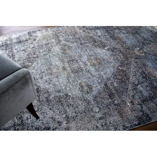 8' Gray and Silver Abstract Power Loom Worn Faded Runner Rug Photo 7