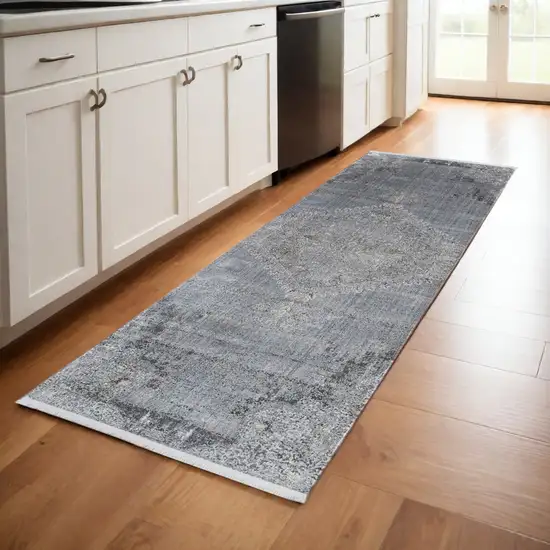 8' Gray and Silver Abstract Power Loom Worn Faded Runner Rug Photo 2