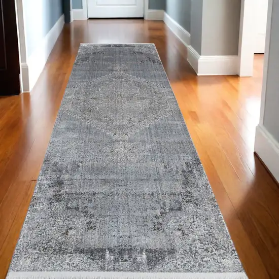 12' Gray and Silver Abstract Power Loom Worn Faded Runner Rug Photo 2