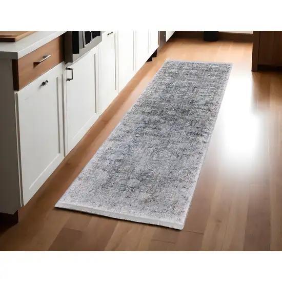 8' Gray and Silver Damask Power Loom Worn Faded Runner Rug Photo 2