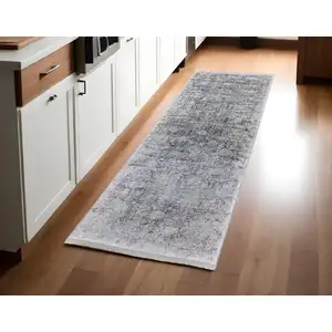 Photo of 8' Gray and Silver Damask Power Loom Worn Faded Runner Rug