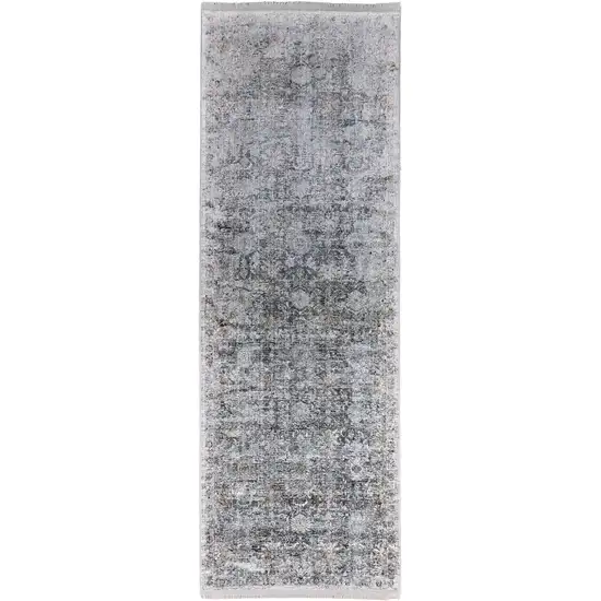 8' Gray and Silver Damask Power Loom Worn Faded Runner Rug Photo 1