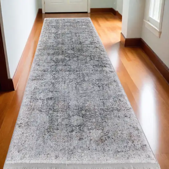 12' Gray and Silver Damask Power Loom Worn Faded Runner Rug Photo 2