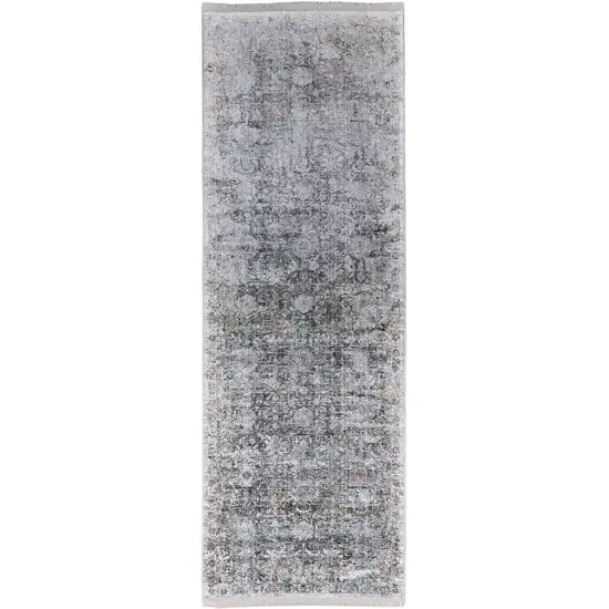 12' Gray and Silver Damask Power Loom Worn Faded Runner Rug Photo 4