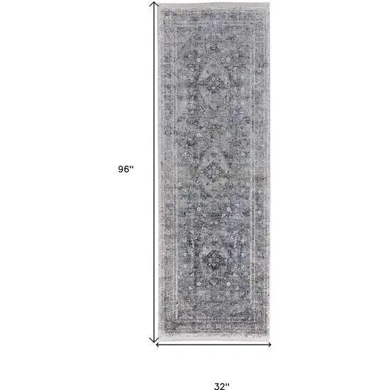 8' Gray and Silver Oriental Power Loom Worn Faded Runner Rug Photo 5