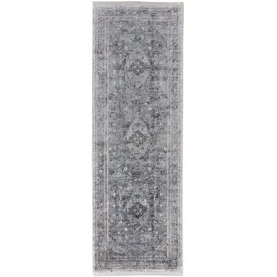 8' Gray and Silver Oriental Power Loom Worn Faded Runner Rug Photo 4