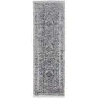 Photo of 8' Gray and Silver Oriental Power Loom Worn Faded Runner Rug