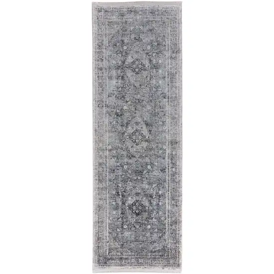 8' Gray and Silver Oriental Power Loom Worn Faded Runner Rug Photo 1