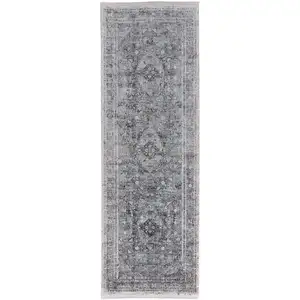 Photo of 8' Gray and Silver Oriental Power Loom Worn Faded Runner Rug