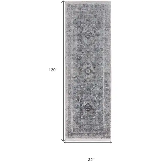 8' Gray and Silver Oriental Power Loom Worn Faded Runner Rug Photo 6