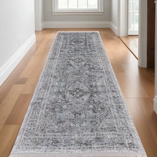 12' Gray and Silver Oriental Power Loom Worn Faded Runner Rug Photo 2