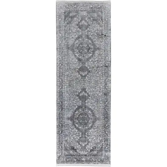 8' Gray and Silver Oriental Power Loom Worn Faded Runner Rug Photo 4