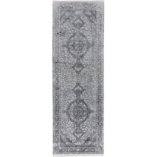 8' Gray and Silver Oriental Power Loom Worn Faded Runner Rug Photo 1