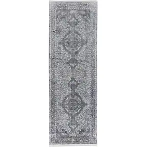 Photo of 8' Gray and Silver Oriental Power Loom Worn Faded Runner Rug