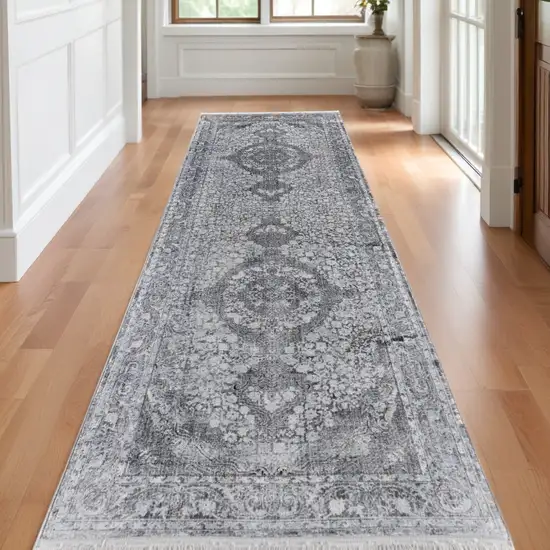 12' Gray and Silver Oriental Power Loom Worn Faded Runner Rug Photo 2