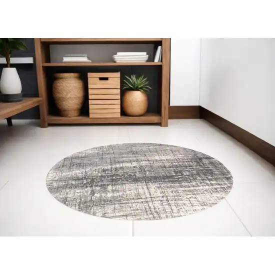 5' Gray and White Round Abstract Non Skid Area Rug Photo 1