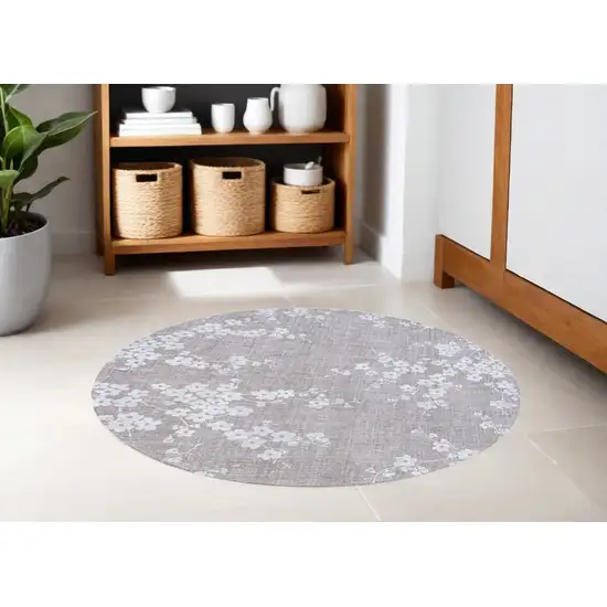 5' Gray and White Round Oriental Non Skid Area Rug Photo 1