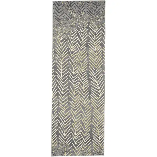 8' Gray and Yellow Geometric Power Loom Distressed Runner Rug Photo 4