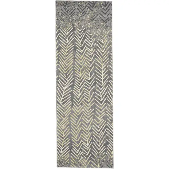 8' Gray and Yellow Geometric Power Loom Distressed Runner Rug Photo 2