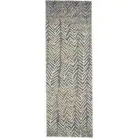 Photo of 8' Gray and Yellow Geometric Power Loom Distressed Runner Rug