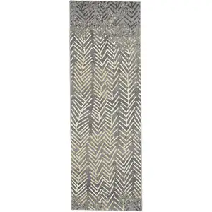 Photo of 8' Gray and Yellow Geometric Power Loom Distressed Runner Rug