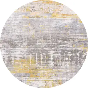 Photo of 5' Gray and Yellow Round Abstract Non Skid Area Rug