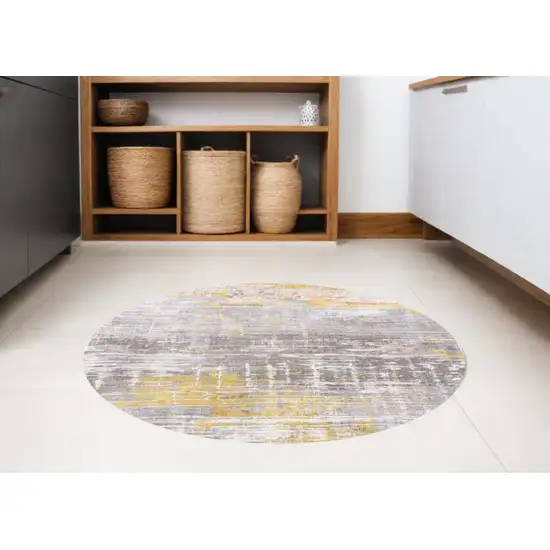 5' Gray and Yellow Round Abstract Non Skid Area Rug Photo 1