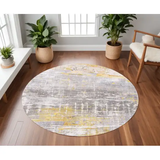 8' Gray and Yellow Round Abstract Non Skid Area Rug Photo 1