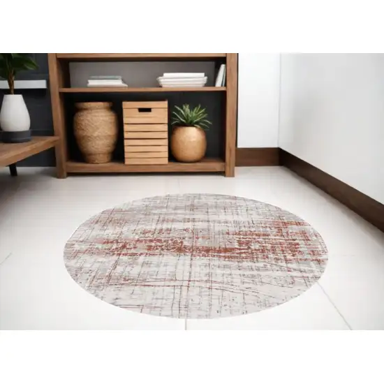 5' Gray and Yellow Round Abstract Non Skid Area Rug Photo 2