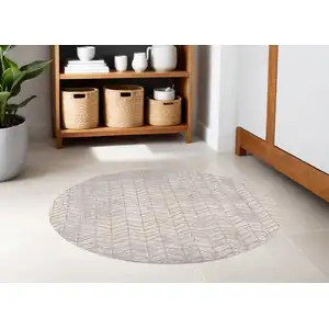 Photo of 5' Gray and Yellow Round Chevron Non Skid Area Rug