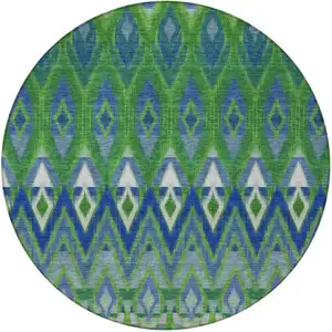 Photo of 8' Green And Blue Round Southwestern Washable Indoor Outdoor Area Rug