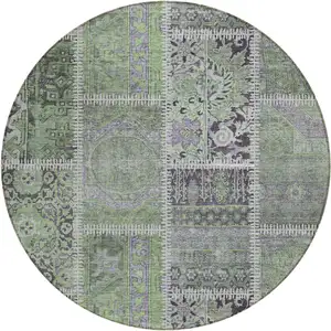 Photo of 8' Green And Charcoal Round Patchwork Washable Indoor Outdoor Area Rug