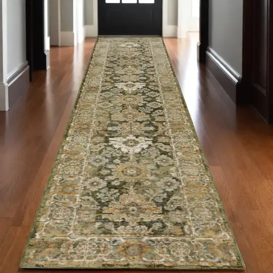 12' Green And Gold Oriental Runner Rug Photo 1