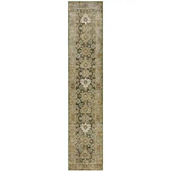 12' Green And Gold Oriental Runner Rug Photo 5