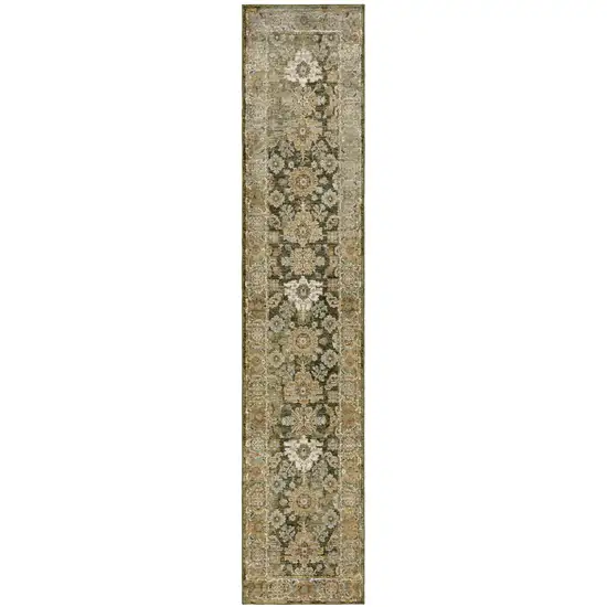 12' Green And Gold Oriental Runner Rug Photo 2