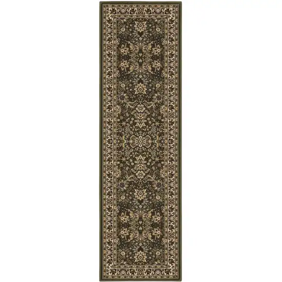 8' Green And Ivory Oriental Runner Rug Photo 2