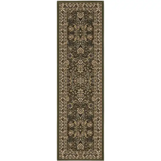 9' Green And Ivory Oriental Runner Rug Photo 4