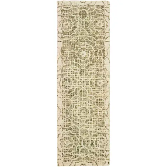 8' Green And Ivory Wool Geometric Hand Tufted Runner Rug Photo 2