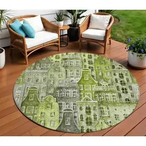 Photo of 8' Green And Lime Green Round Village Houses Washable Indoor Outdoor Area Rug