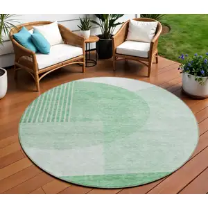 Photo of 8' Green And Mint Green Round Geometric Washable Indoor Outdoor Area Rug