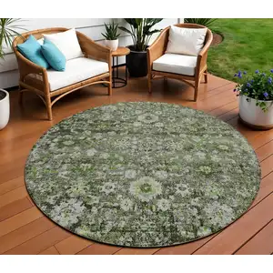 Photo of 8' Green And Olive Green Round Oriental Washable Indoor Outdoor Area Rug