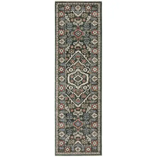 8' Green And Pink Floral Runner Rug With Fringe Photo 2