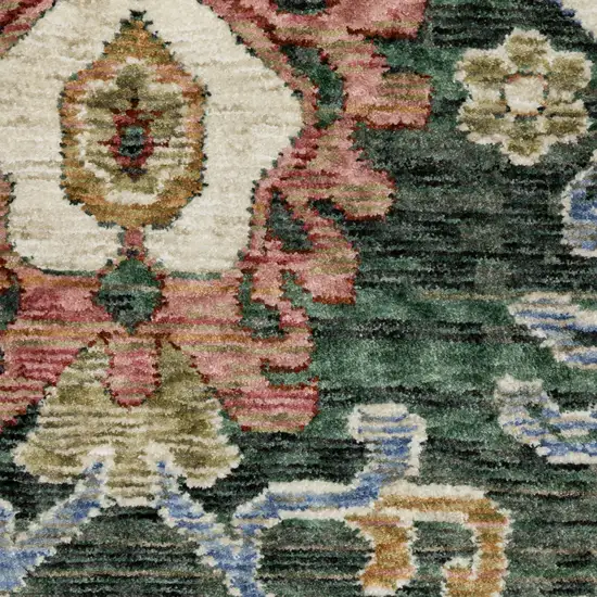 8' Green And Pink Floral Runner Rug With Fringe Photo 6